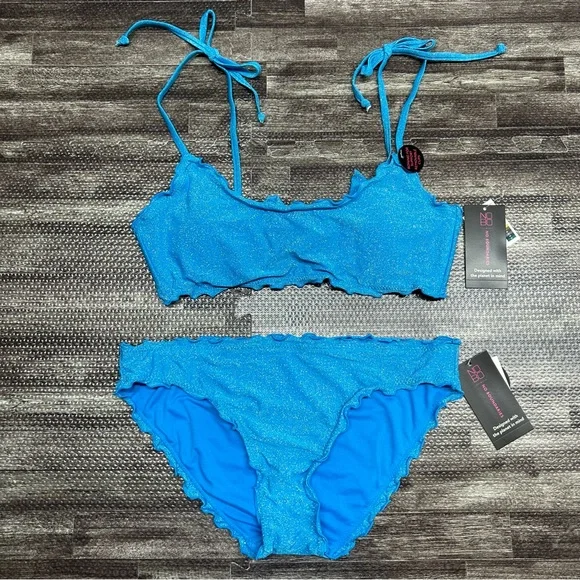 NWT Junior’s Size Large No Boundaries Two Piece Bikini Set in Blue Lurex - Picture 4 of 15